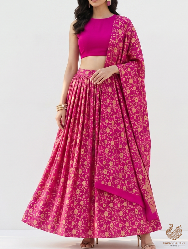 Pink Banarasi Brocade Fabric With All Over Golden Zari Handloom 22570