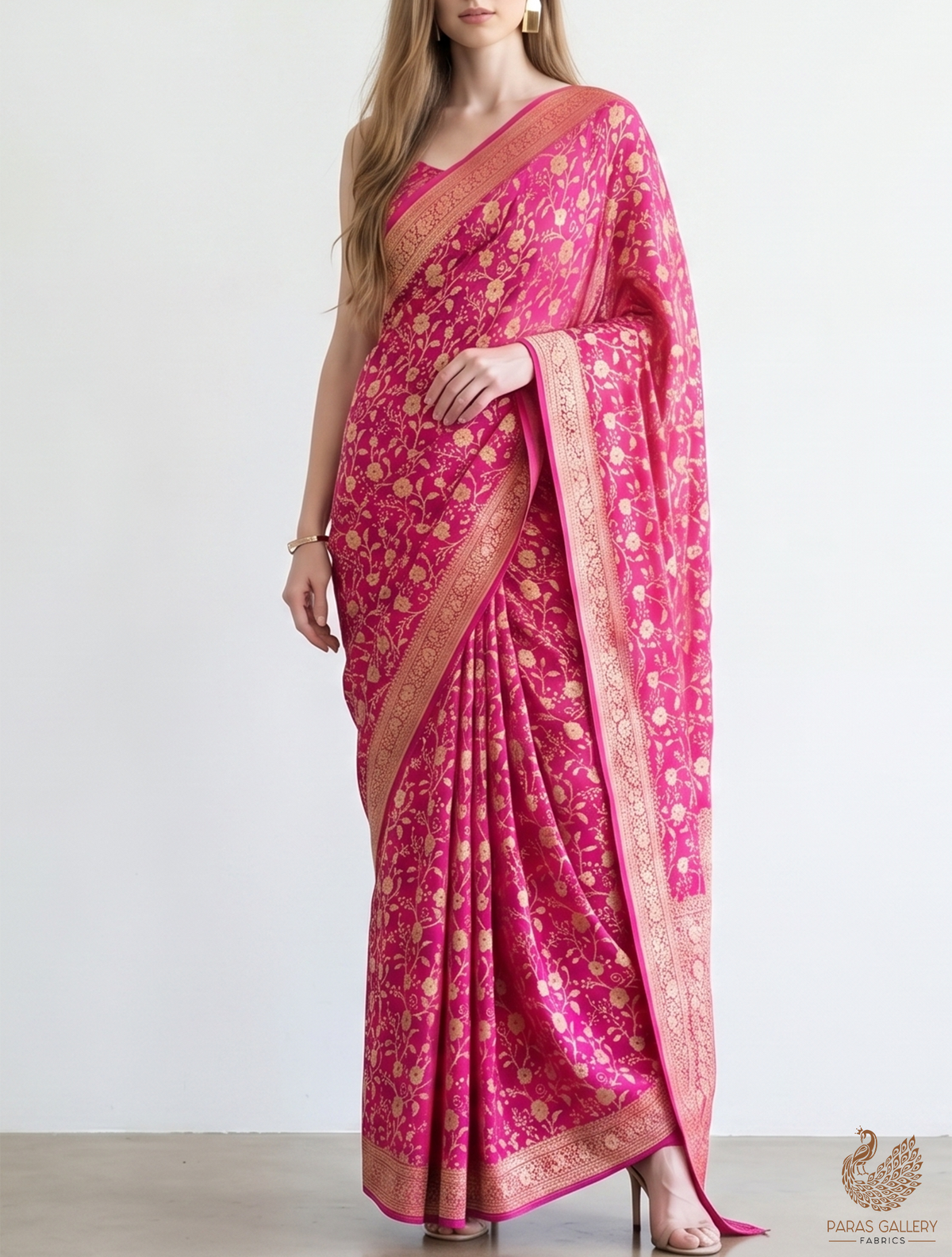 Pink Banarasi Brocade Fabric With All Over Golden Zari Handloom 22570
