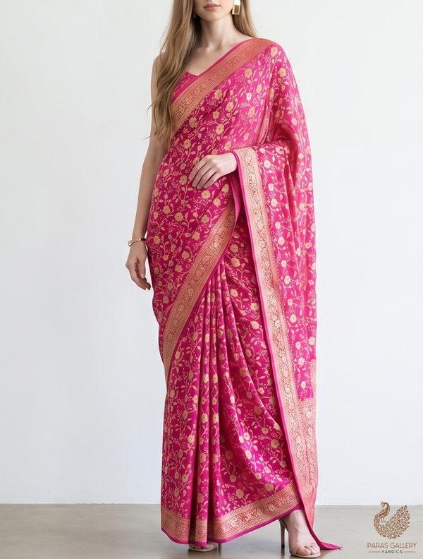 Pink Banarasi Brocade Fabric With All Over Golden Zari Handloom 22570