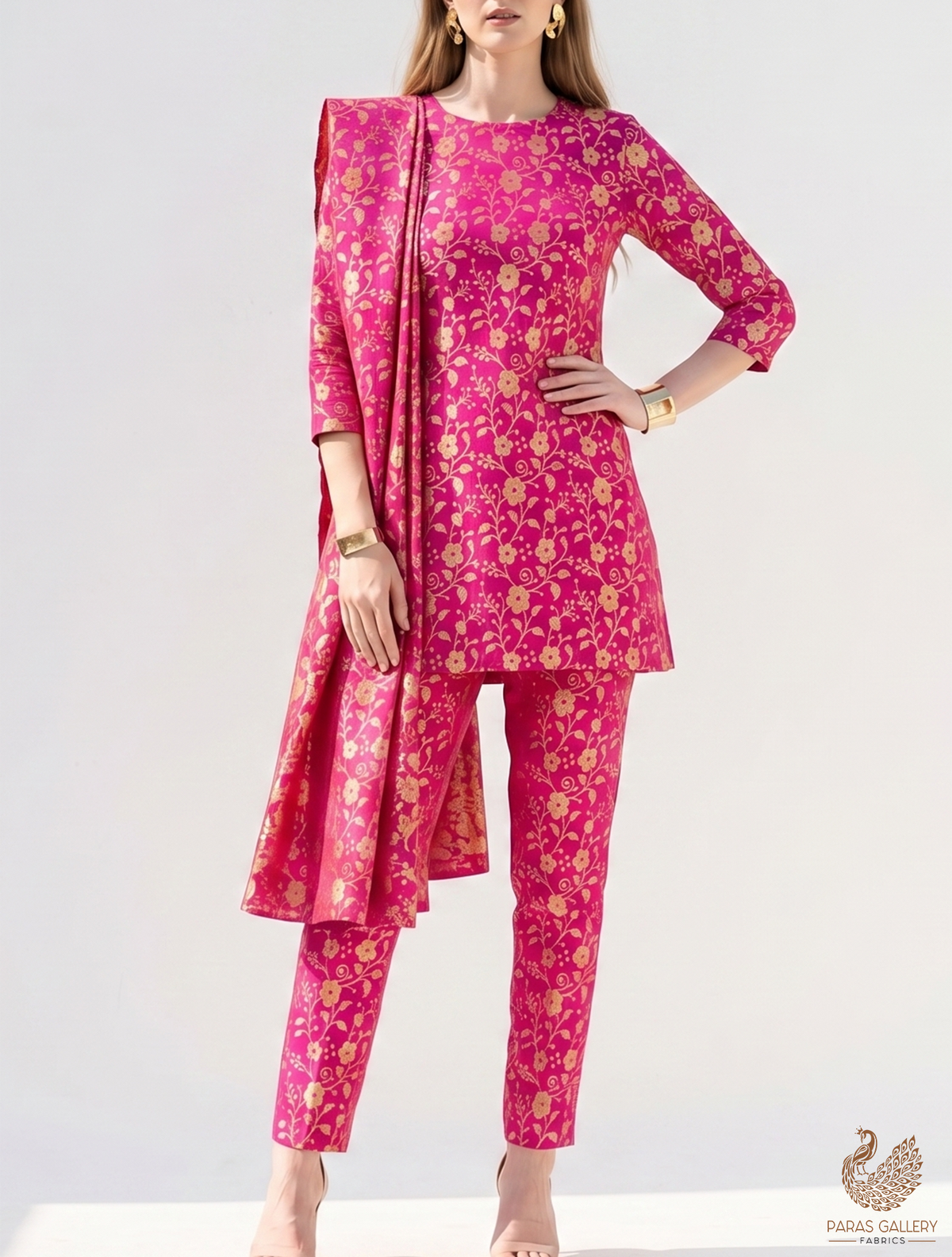 Pink Banarasi Brocade Fabric With All Over Golden Zari Handloom 22570