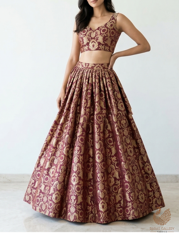 Wine Banarasi Brocade Fabric With All Over Zari Handloom 22572