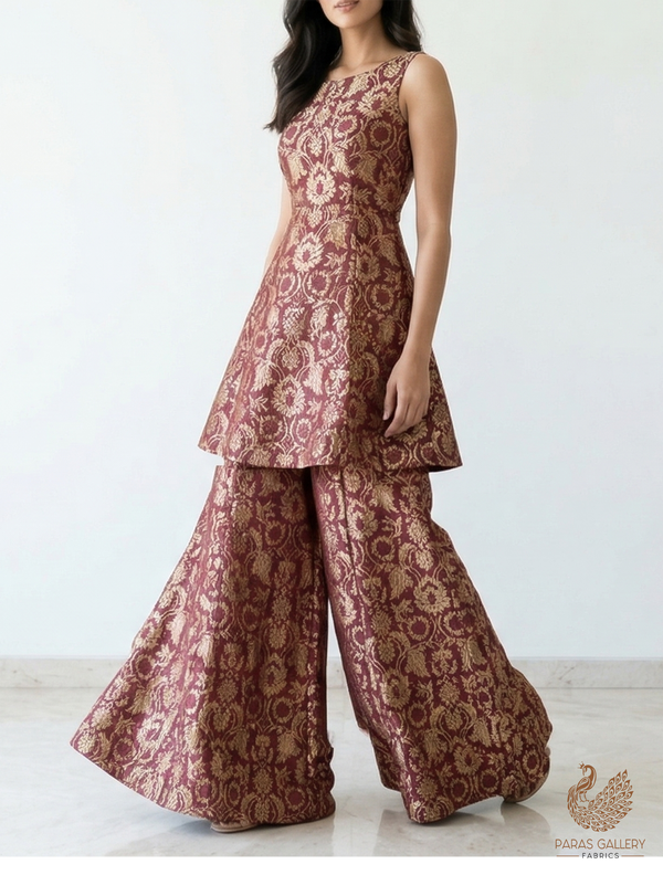 Wine Banarasi Brocade Fabric With All Over Zari Handloom 22572