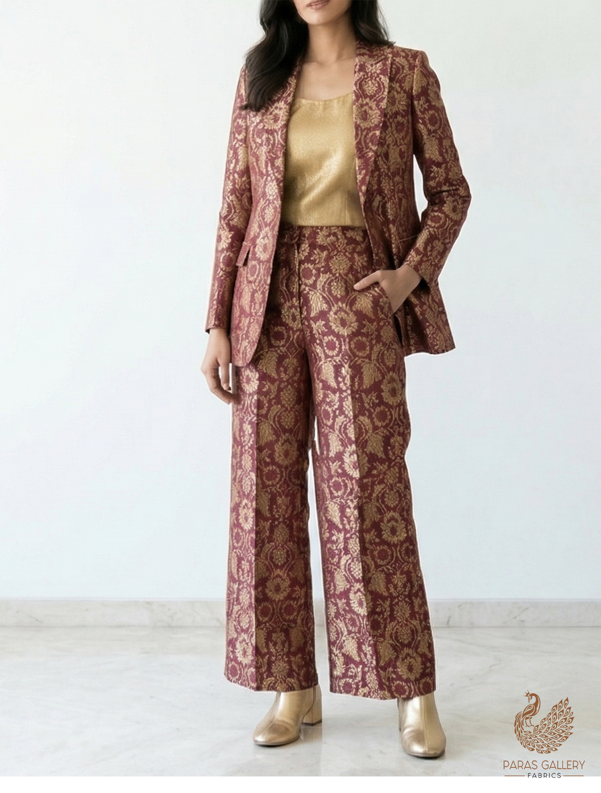 Wine Banarasi Brocade Fabric With All Over Zari Handloom 22572
