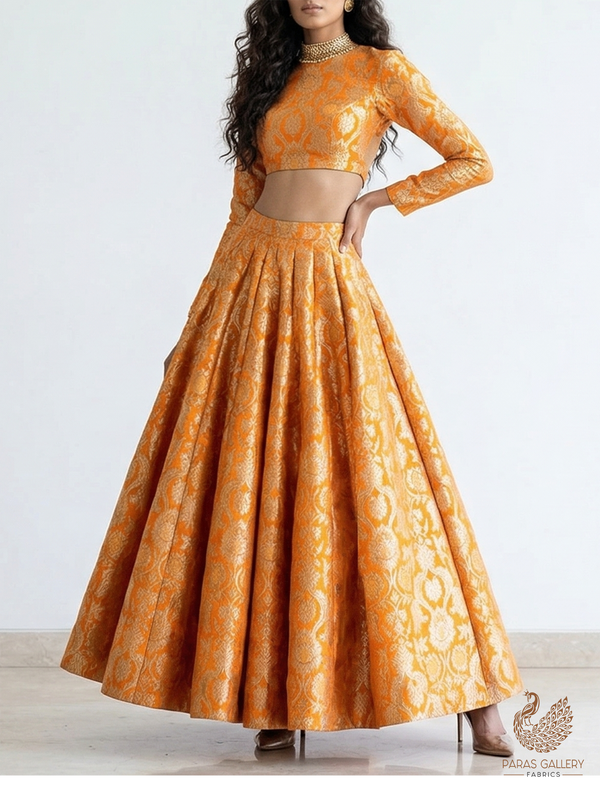 Mustard Banarasi Brocade Fabric With All Over Zari Handloom 22573