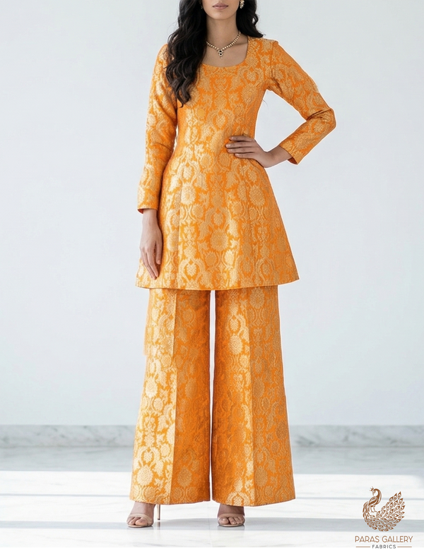 Mustard Banarasi Brocade Fabric With All Over Zari Handloom 22573