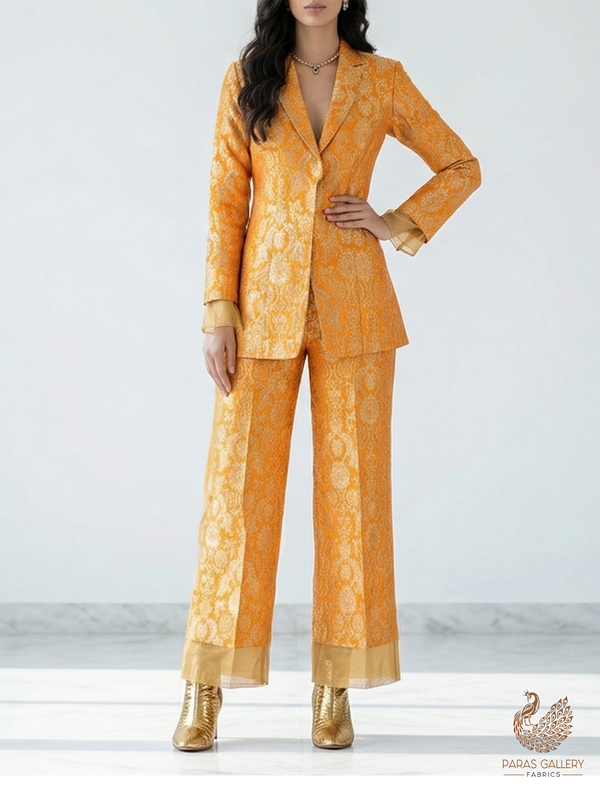 Mustard Banarasi Brocade Fabric With All Over Zari Handloom 22573