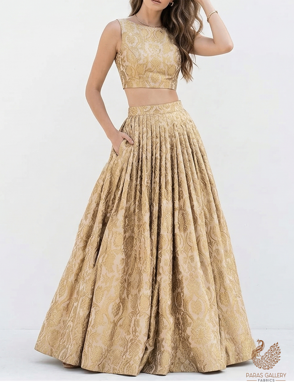 Golden Banarasi Brocade Fabric With All Over Zari Handloom 22574