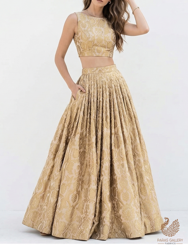 Golden Banarasi Brocade Fabric With All Over Zari Handloom 22574