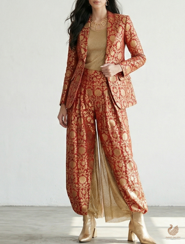 Burgundy Banarasi Brocade Fabric With All Over Zari Handloom 22578