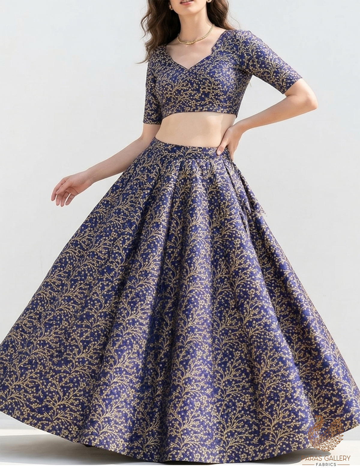 Navy Blue Banarasi Brocade Fabric With All Over Zari Handloom 22581