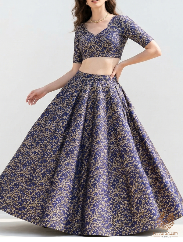 Navy Blue Banarasi Brocade Fabric With All Over Zari Handloom 22581