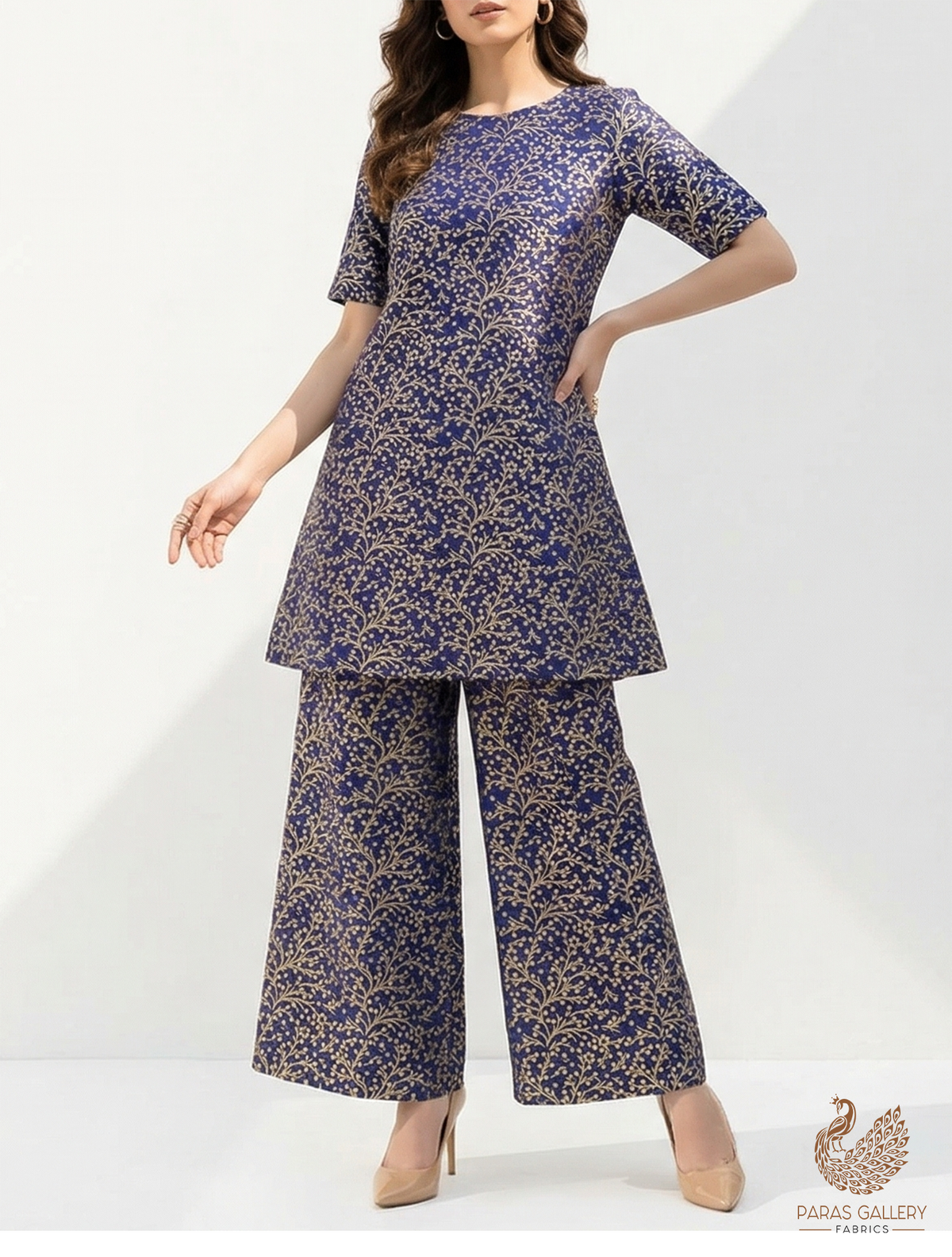 Navy Blue Banarasi Brocade Fabric With All Over Zari Handloom 22581