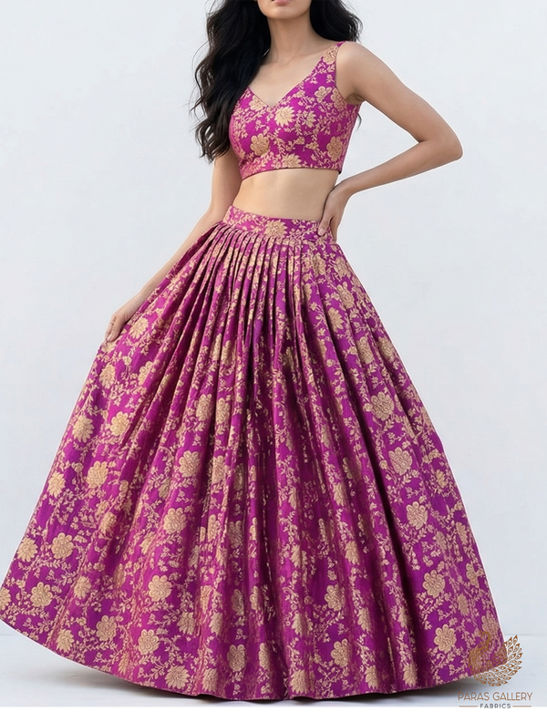 Purple Banarasi Brocade Fabric With All Over Zari Handloom 22583