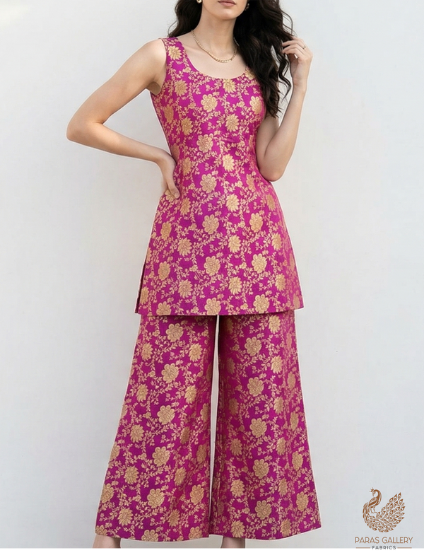 Purple Banarasi Brocade Fabric With All Over Zari Handloom 22583