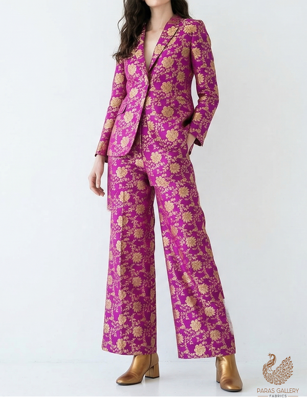 Purple Banarasi Brocade Fabric With All Over Zari Handloom 22583