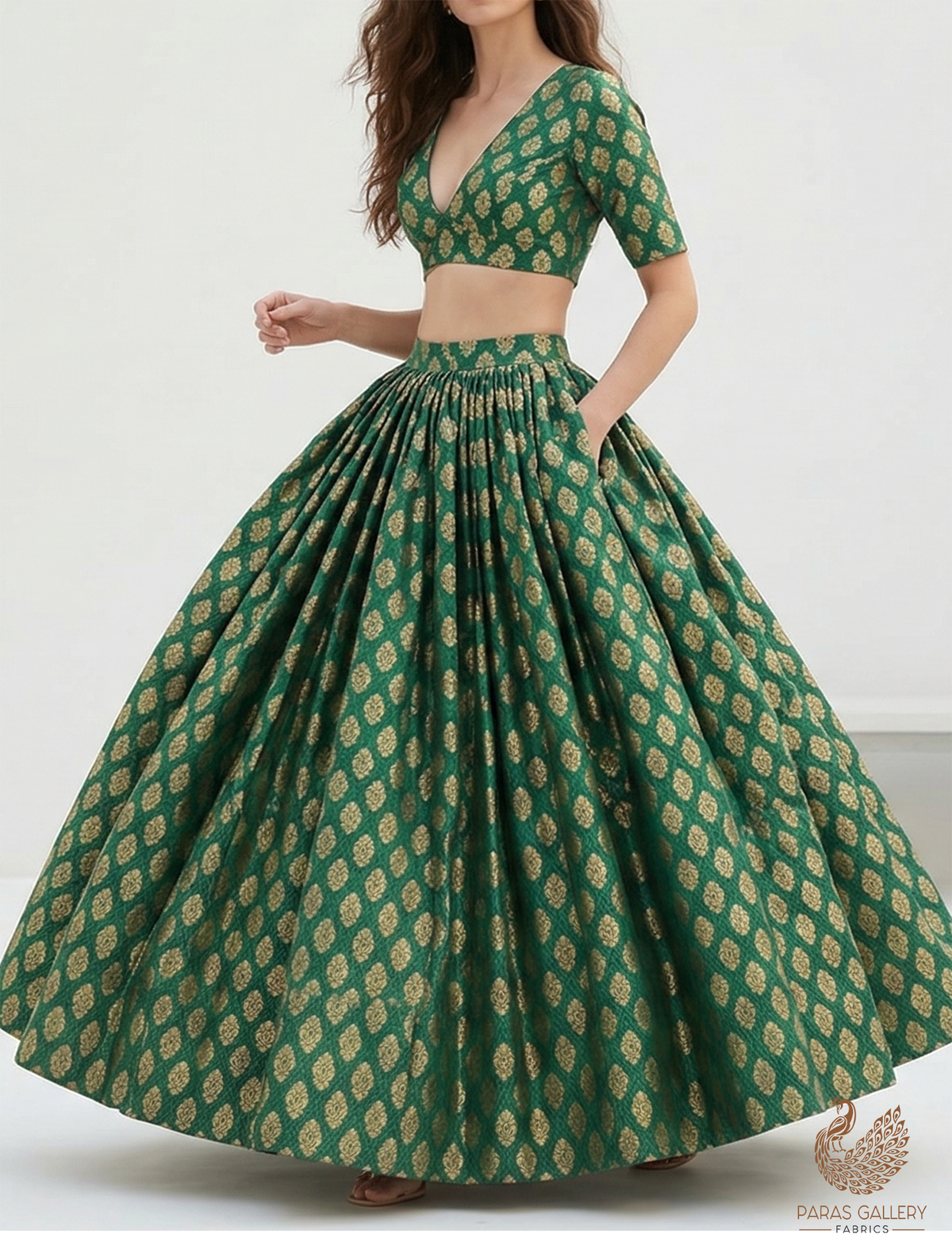 Bottle Green Banarasi Brocade Fabric With All Over Zari Handloom 22586