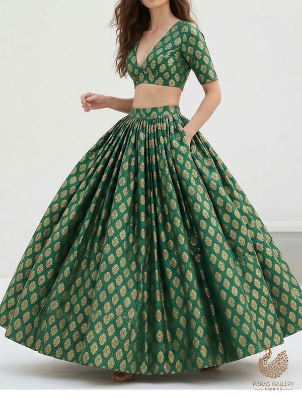 Bottle Green Banarasi Brocade Fabric With All Over Zari Handloom 22586