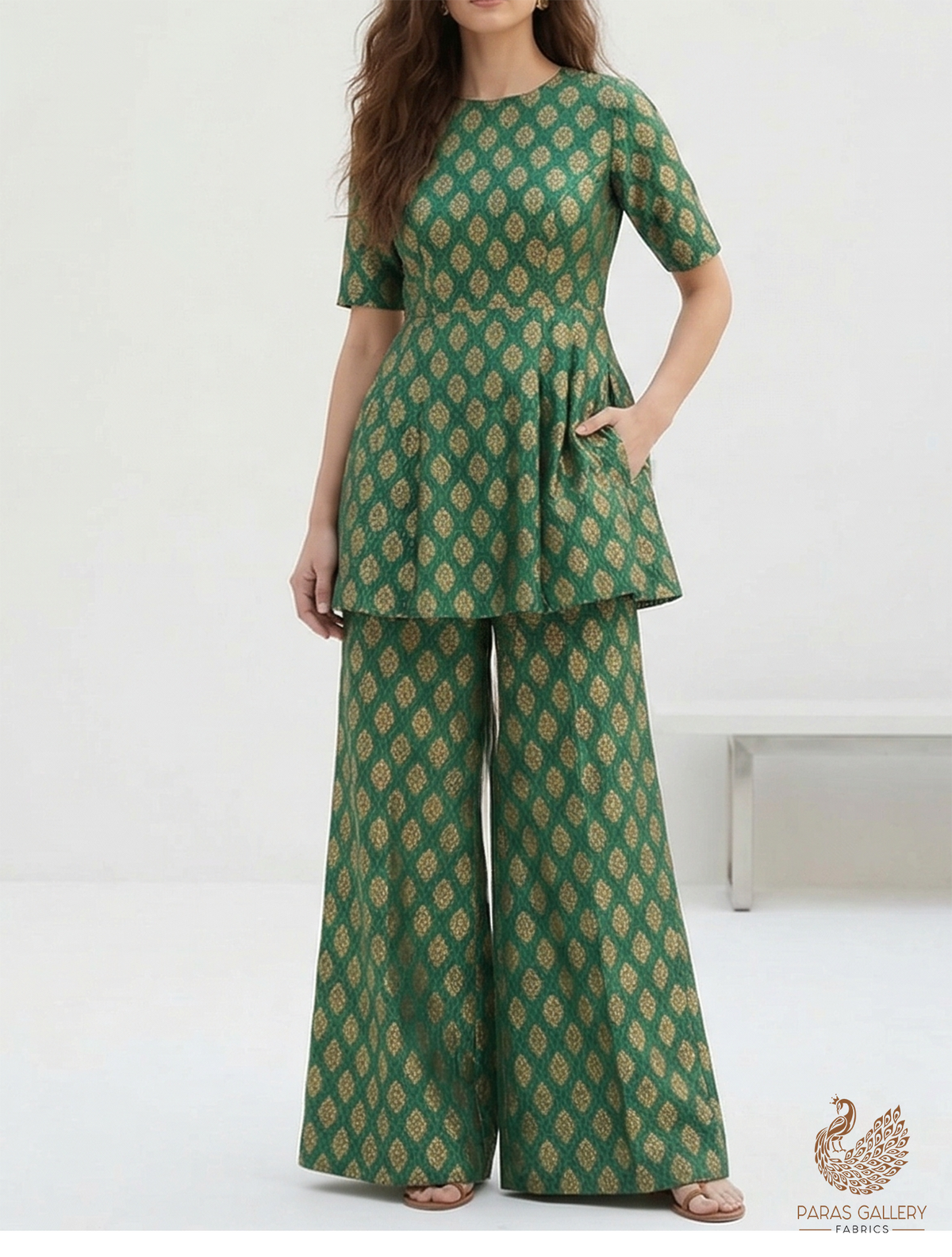 Bottle Green Banarasi Brocade Fabric With All Over Zari Handloom 22586