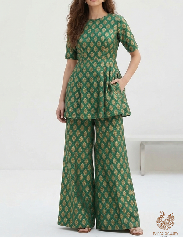 Bottle Green Banarasi Brocade Fabric With All Over Zari Handloom 22586