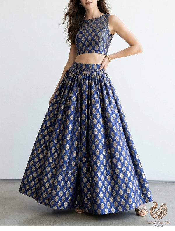 Navy BlueBanarasi Brocade Fabric With All Over Zari Handloom 22588