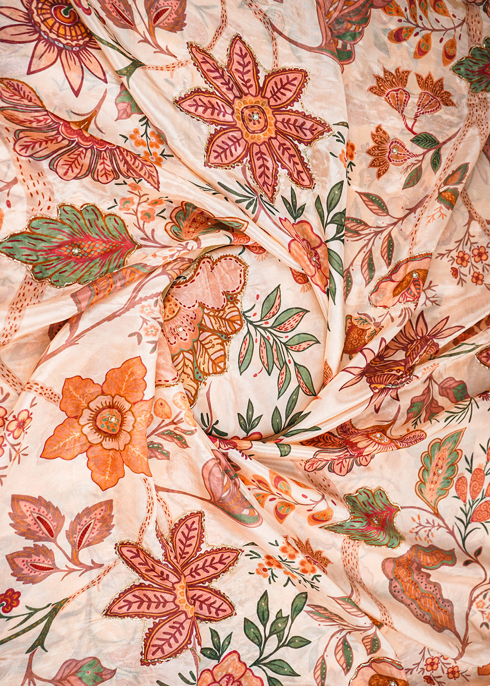 Peach-Organza-Fabric-With-All-Over-Floral-Print-Bead-And-Katdana-Work-22608-close-view