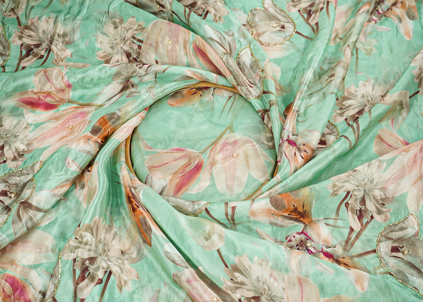 Mint-Green-Organza-Fabric-With-All-Over-Floral-Print-Bead-And-Katdana-Work-22610-close-view