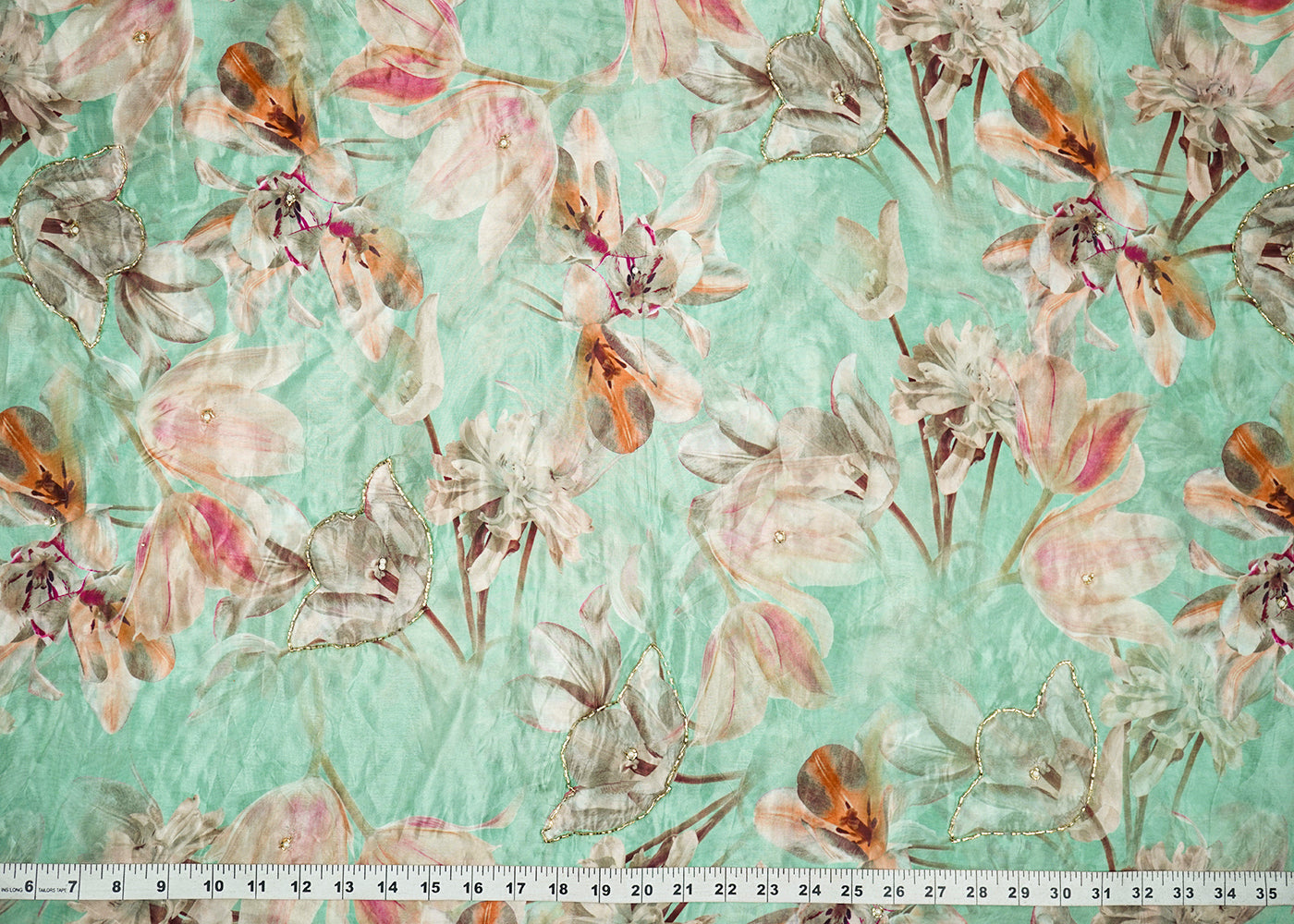 Mint-Green-Organza-Fabric-With-All-Over-Floral-Print-Bead-And-Katdana-Work-22610-measurement-view
