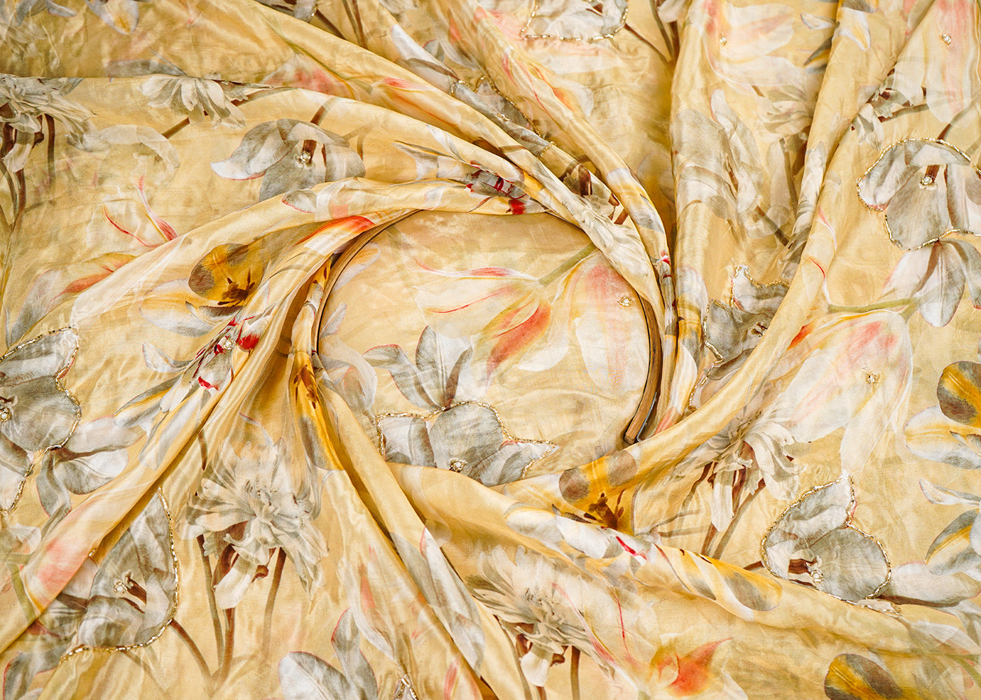 Lemon-Yellow-Organza-Fabric-With-All-Over-Floral-Print-Bead-And-Katdana-Work-22612-close-view