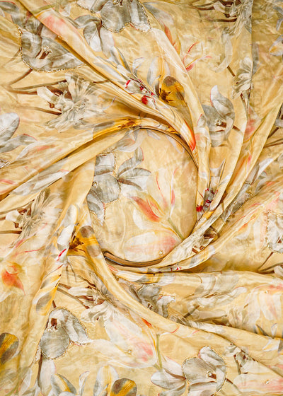 Lemon Yellow Organza Fabric With All Over Floral Print, Bead And Katdana Work 22612