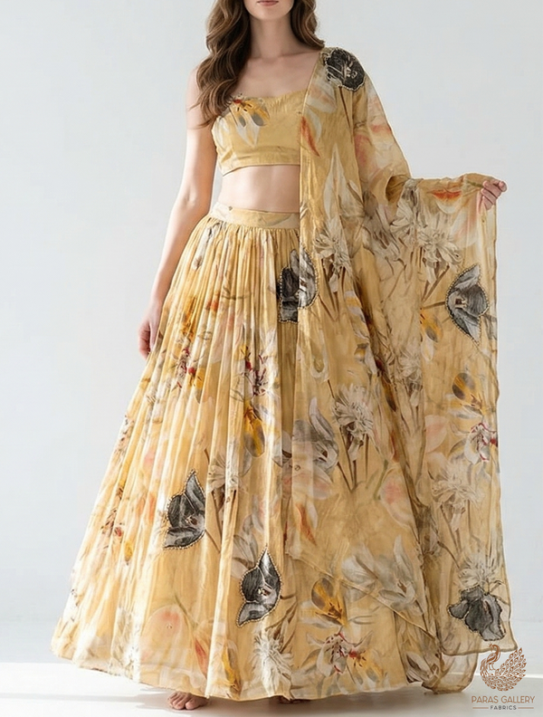 Lemon Yellow Organza Fabric With All Over Floral Print, Bead And Katdana Work 22612