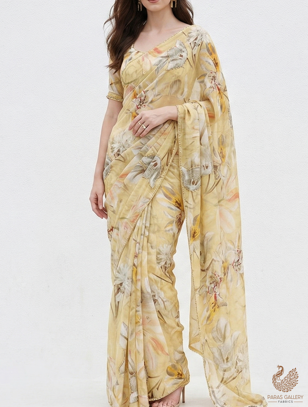 Lemon Yellow Organza Fabric With All Over Floral Print, Bead And Katdana Work 22612