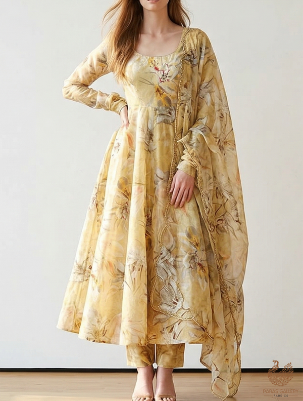 Lemon Yellow Organza Fabric With All Over Floral Print, Bead And Katdana Work 22612