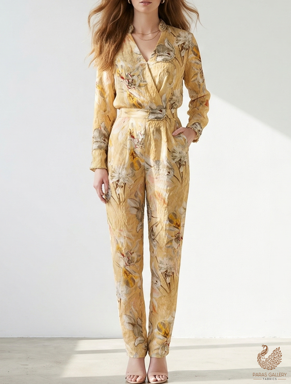 Lemon Yellow Organza Fabric With All Over Floral Print, Bead And Katdana Work 22612