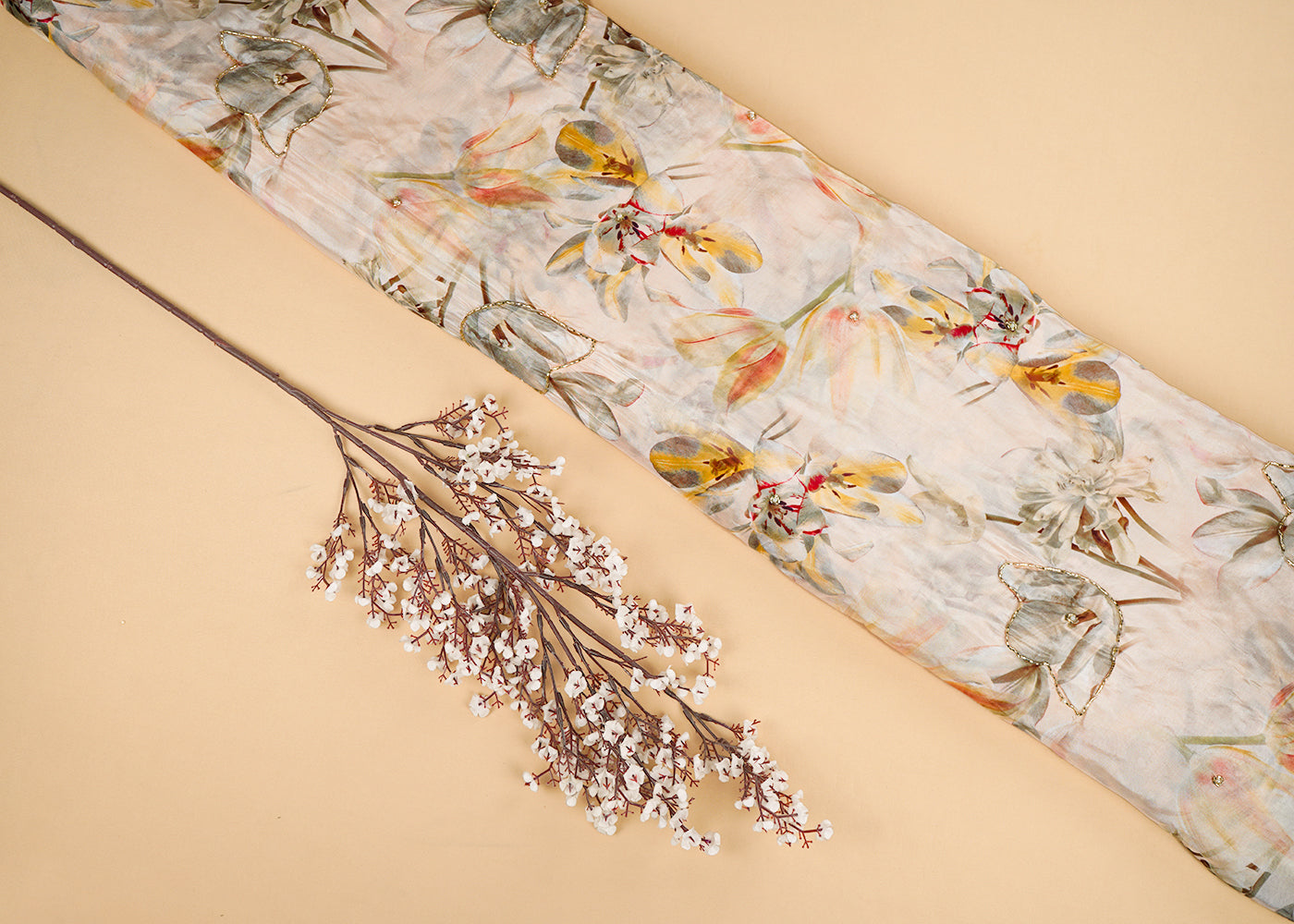 Cream-Organza-Fabric-With-All-Over-Floral-Print-Bead-And-Katdana-Work-22613