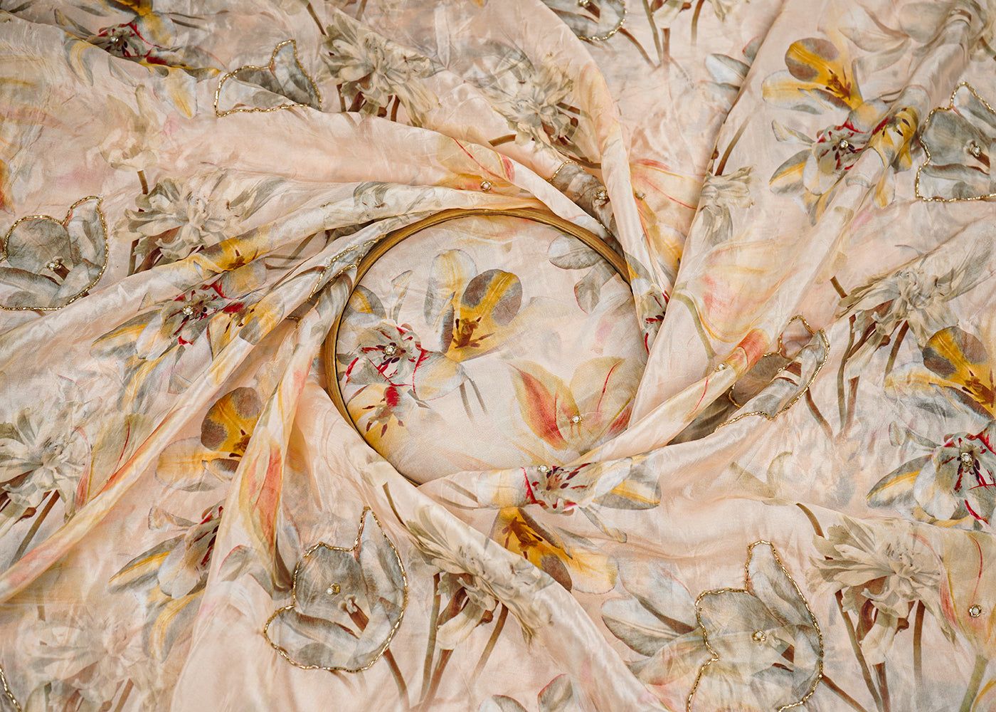 Cream-Organza-Fabric-With-All-Over-Floral-Print-Bead-And-Katdana-Work-22613-close-view