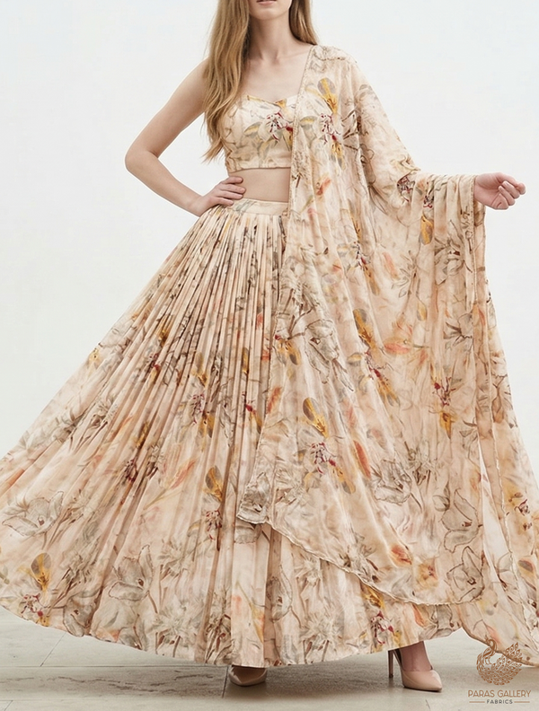 Cream Organza Fabric With All Over Floral Print, Bead And Katdana Work 22613