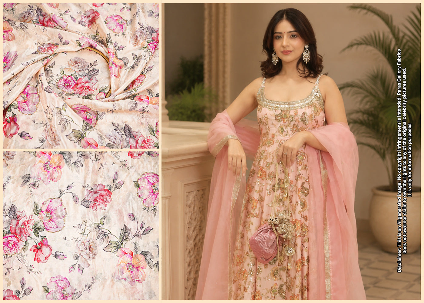 Tania Inspired Edition | Beige Embroidered Organza Unstitched Fabric 22615