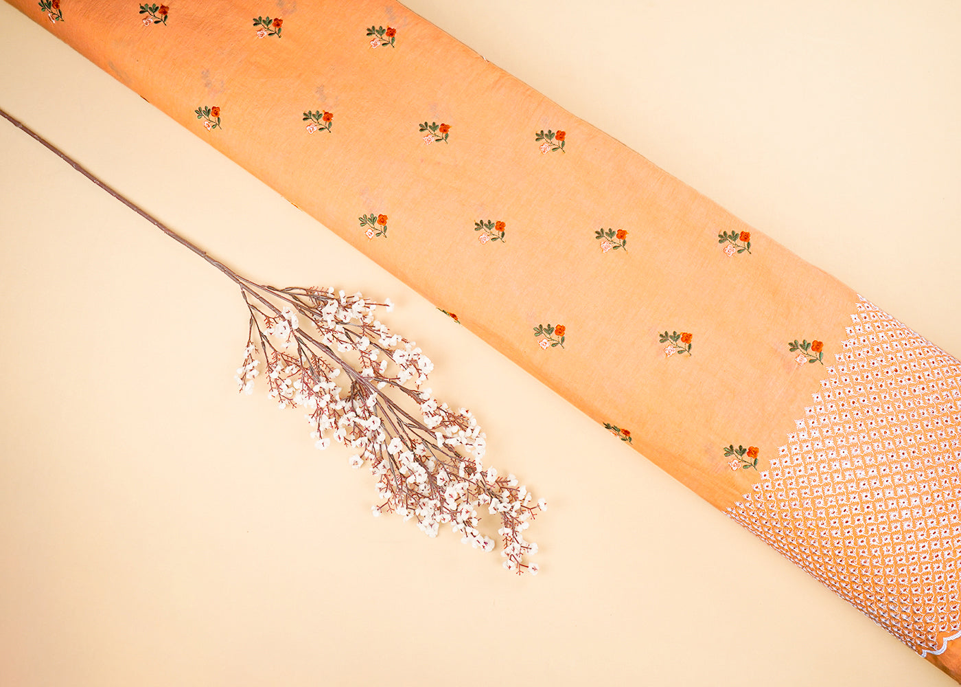 Orange-Cotton-Fabric-With-All-Over-Floral-Buti-Thread-Work-And-Schiffli-Scalloped-Border-22623