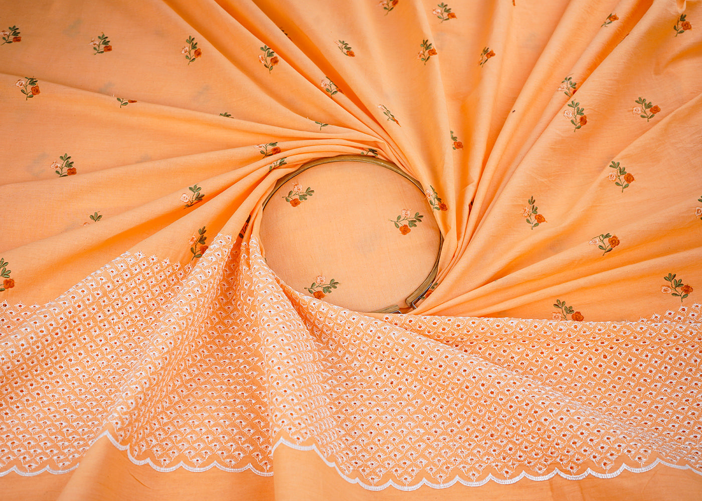 Orange-Cotton-Fabric-With-All-Over-Floral-Buti-Thread-Work-And-Schiffli-Scalloped-Border-22623-close-view