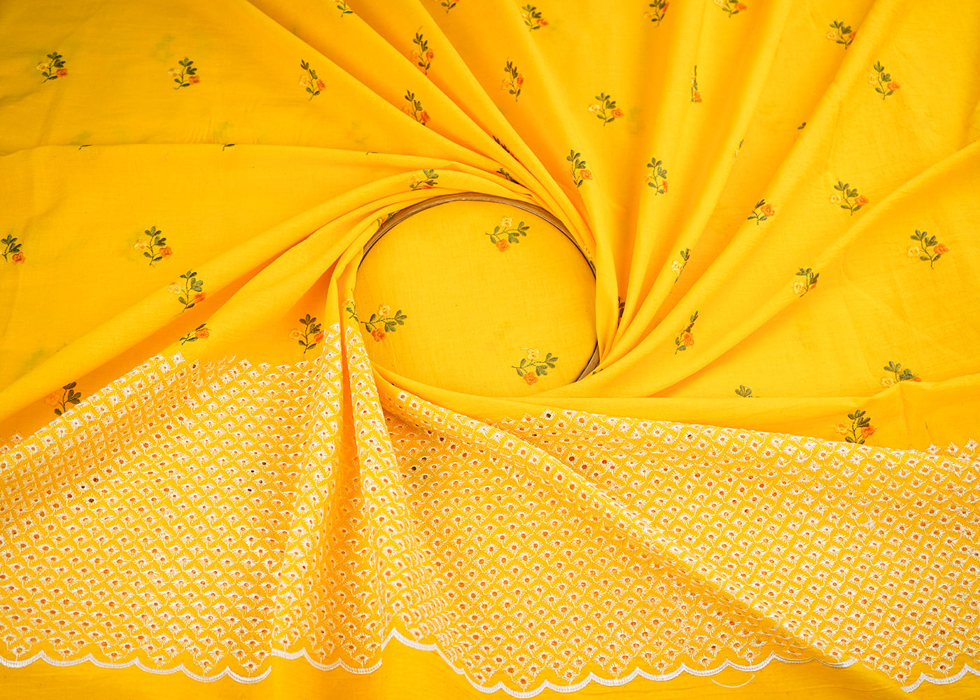 Yellow-Cotton-Fabric-With-All-Over-Floral-Buti-Thread-Work-And-Schiffli-Scalloped-Border-22624-close-view