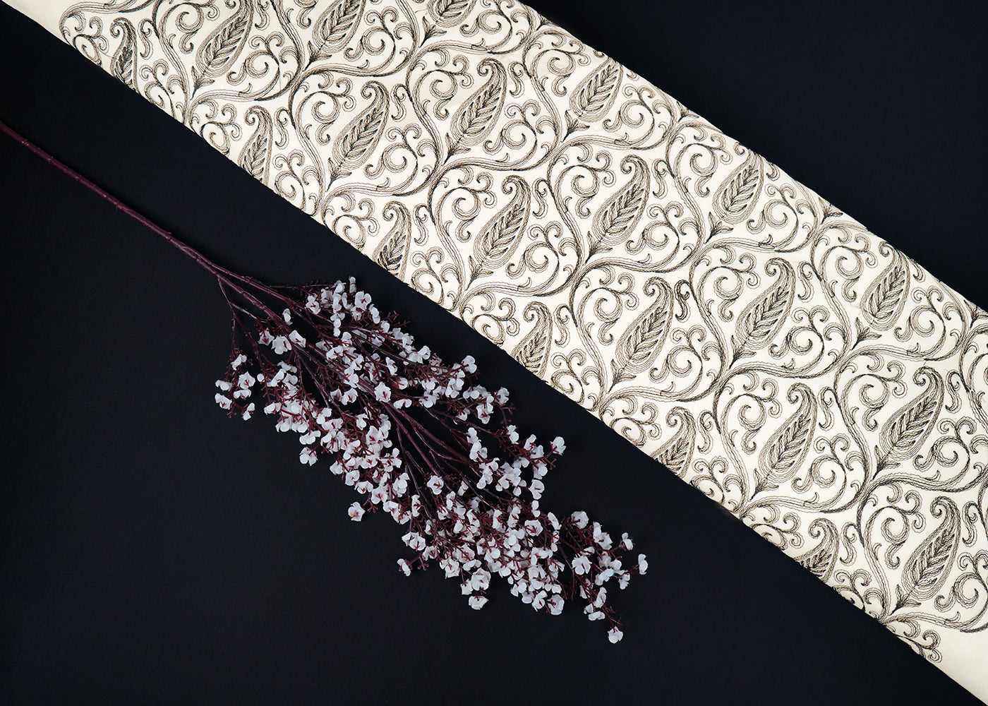 White Dyeable Chanderi Fabric With All Over Black Paisley Vein Thread Work 22639