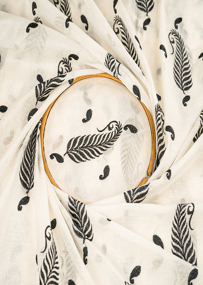 White Dyeable Mul Chanderi Fabric With All Over Paisley Black Thread Work 22640