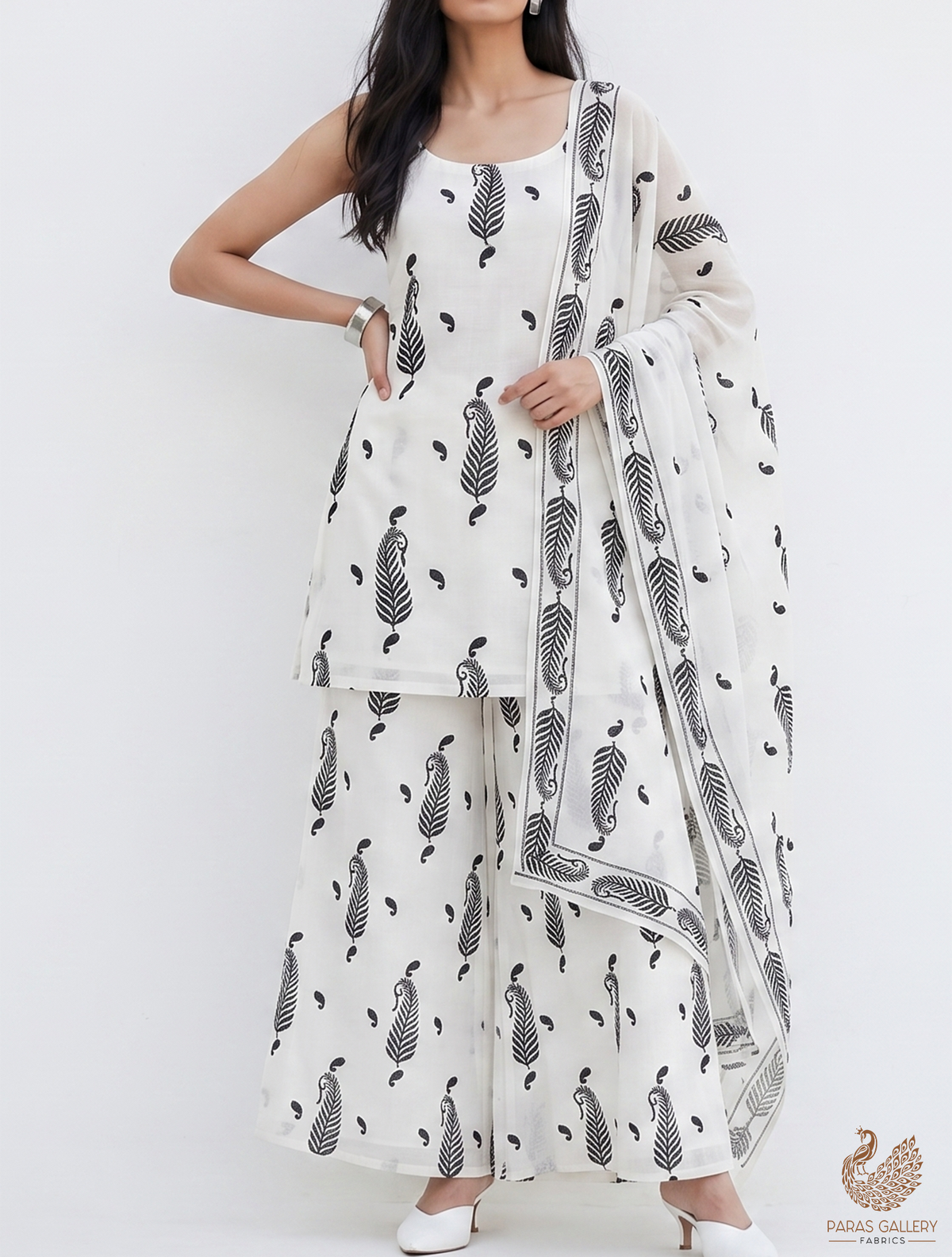 White Dyeable Mul Chanderi Fabric With All Over Paisley Black Thread Work 22640