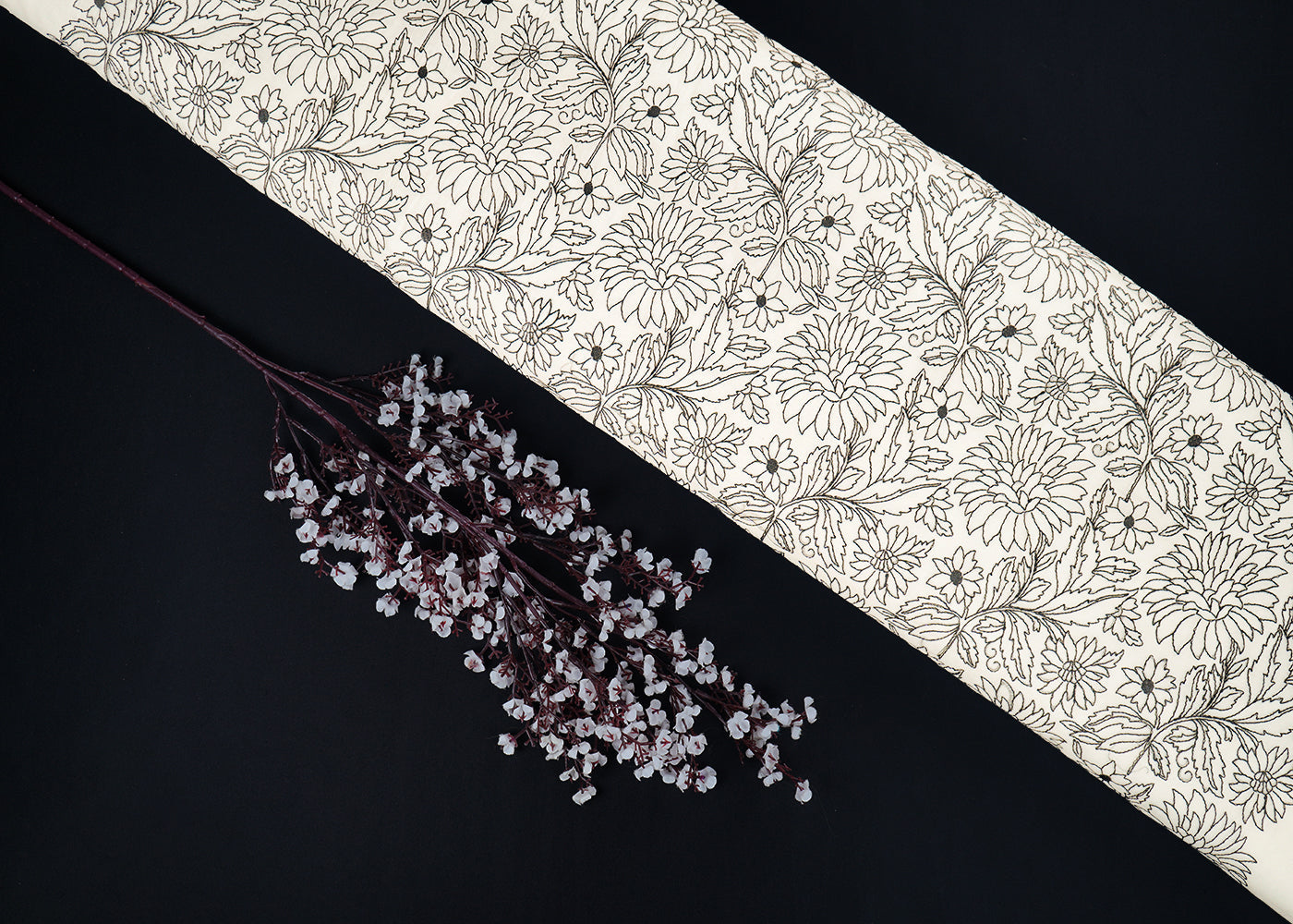 White Dyeable Chanderi Fabric With All Over Floral Black Thread Work 22641