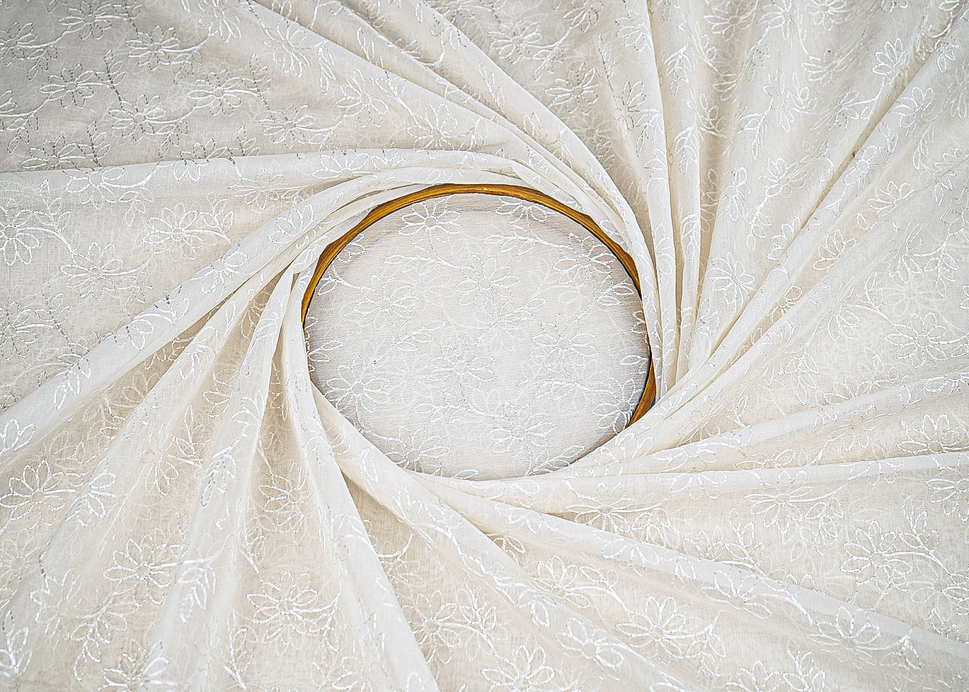 White Dyeable Mul Chanderi Fabric With All Over Floral Thread Work 22643