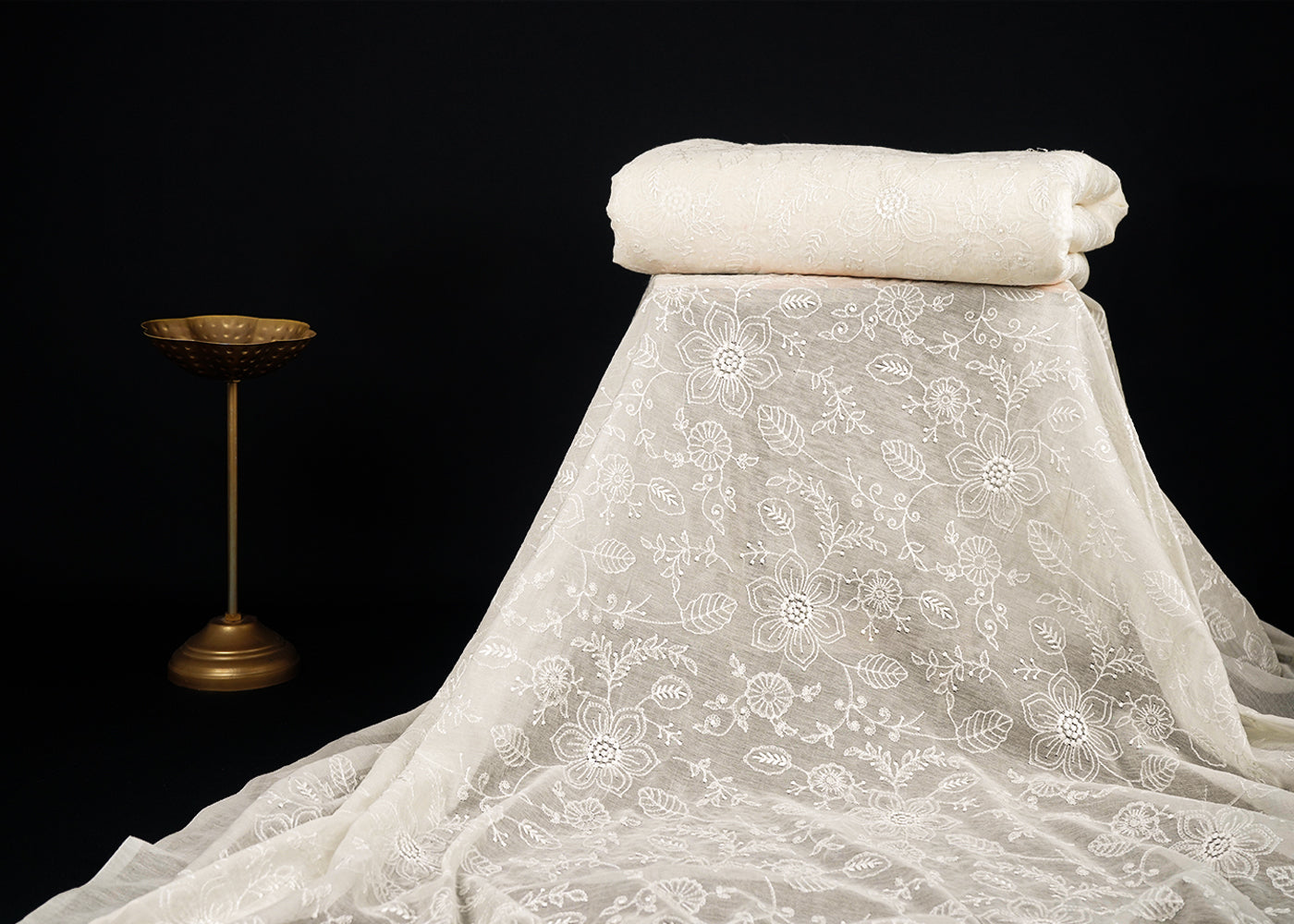 White Dyeable Chanderi Fabric With All Over Floral Thread Work 22644