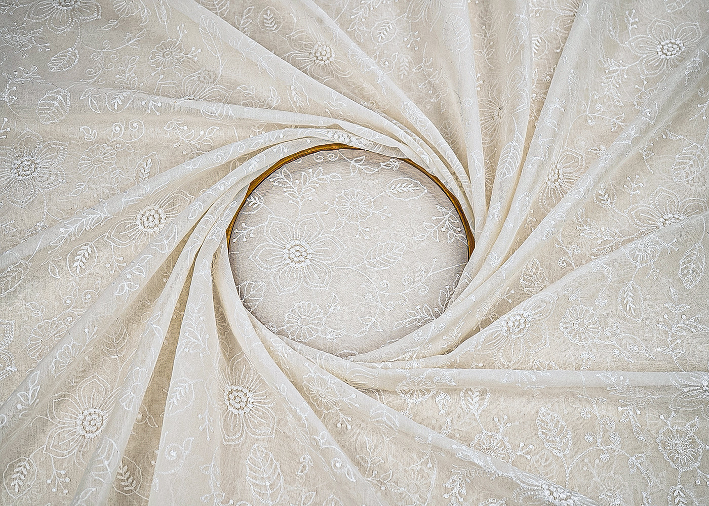 White Dyeable Mul Chanderi Fabric With All Over Floral Thread Work 22644