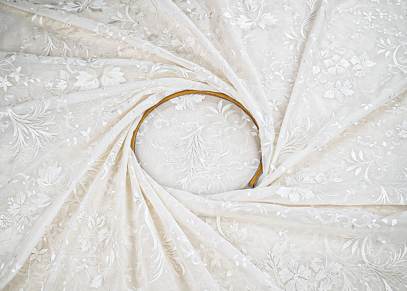 White Dyeable Mul Chanderi Fabric With All Over Floral Thread Work 22645