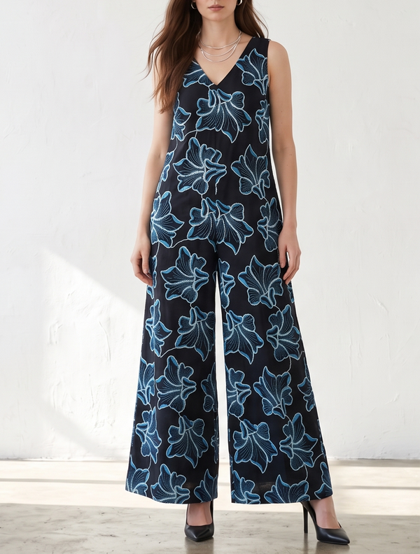 Black Flex Cotton Fabric With All Over Blue Thread And Dori Work  22650