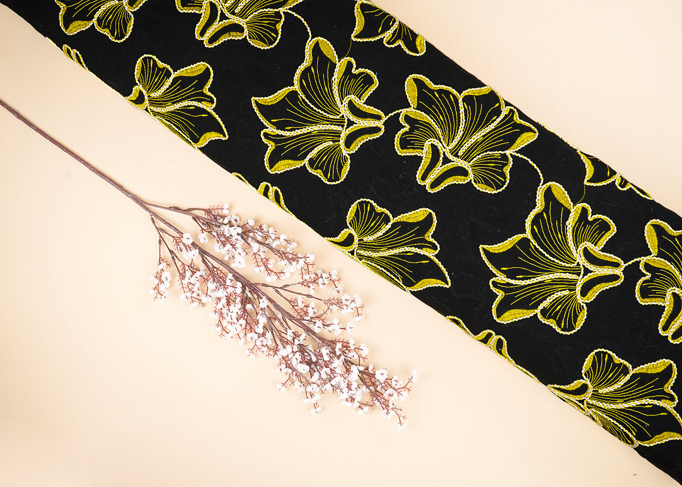 Black Flex Cotton Fabric With All Over Yellow Thread And Dori Work  22651